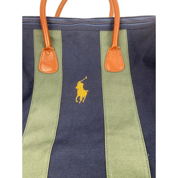 Ralph Lauren Polo Canvas Duffle Bag Leather Accents Adjustable Strap Navy Green - Picture 3 of 14